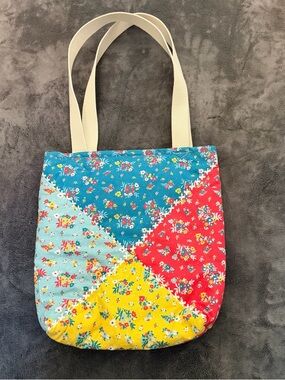 Floral Patchwork Tote Bag in Teal, Red, Yellow, and Light Blue